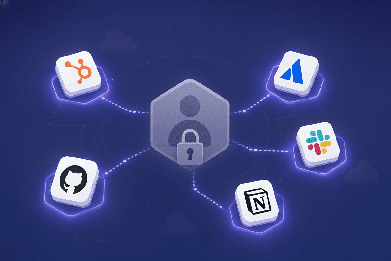 A modern, abstract illustration showing multiple SaaS application icons floating independently with glowing active session tokens or authentication cookies surrounding them, while a central identity provider gateway appears suspended or inactive in the background. The visual should convey the concept that individual applications maintain their own active sessions independently, even when the central authentication is disabled. Use a clean, technical style with blues, purples, and warm amber tones for the active sessions to show they remain alive.