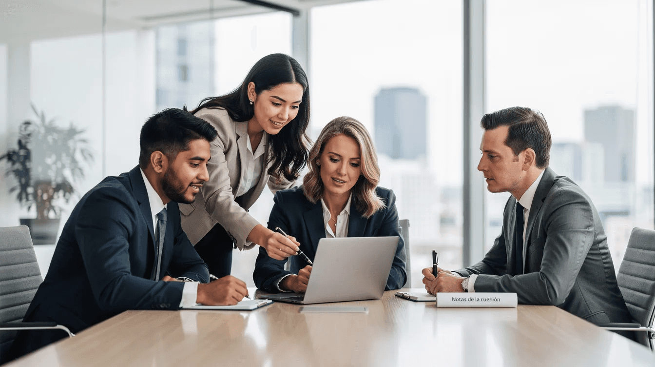 Un equipo empresarial está revisando una laptop en una sala de juntas moderna, discutiendo estrategias de marketing digital para mejorar su presencia en el mercado y alcanzar a su público objetivo. La atmósfera es colaborativa, con gráficos y datos visibles en la pantalla que reflejan el análisis de campañas y tácticas de marketing.