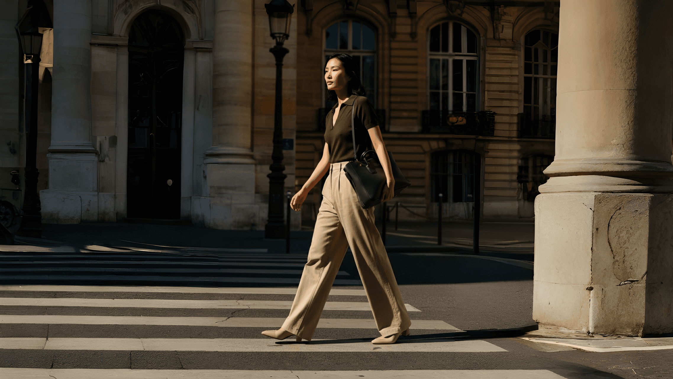 Asian woman walking down the street with a green handbag.