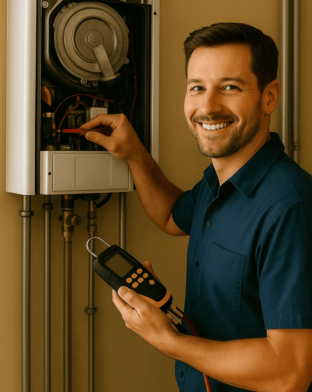 HVAC technician smiling while using a pressure gauge on a heating system, showcasing expertise in providing reliable HVAC services.