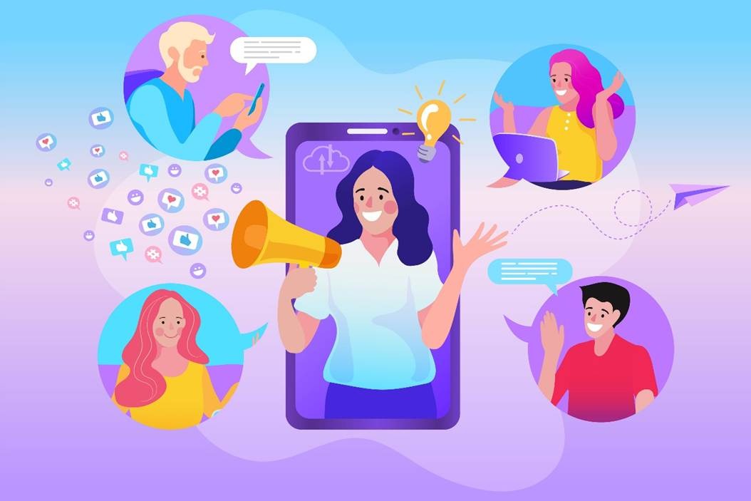 Creator with megaphone on smartphone reaching diverse audience, illustrating influencer marketing reach