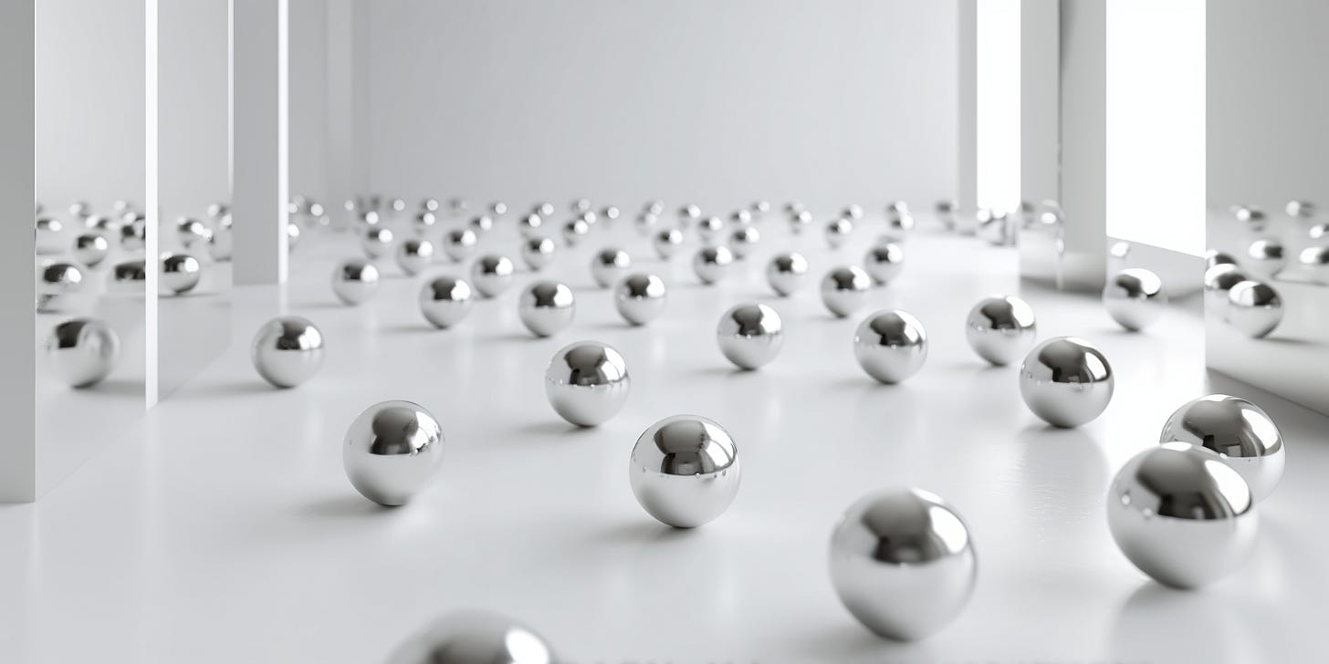 A minimalist white space filled with evenly spaced metallic spheres, suggesting order, structure, and an apparent system of rules.