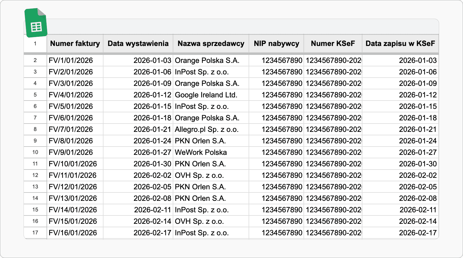 Faktury z KSeF w arkuszu Google Sheets