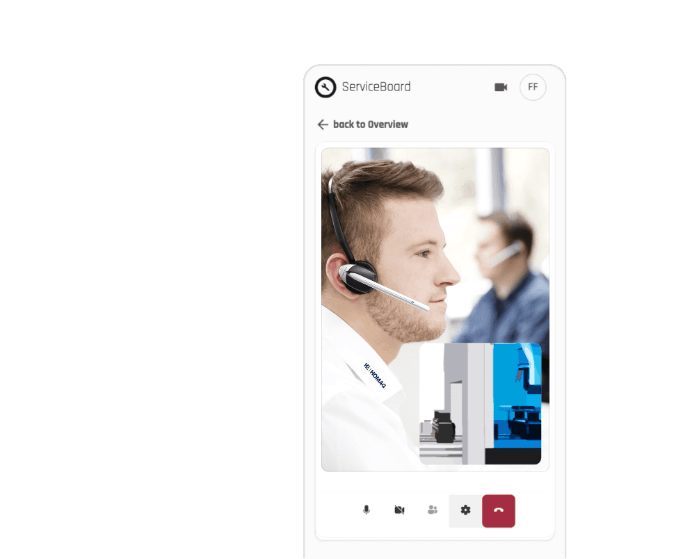 Illustration eines Smartphones, auf dem ein Videoanruf aus dem ServiceBoard geöffnet ist, auf dem ein Servicetechniker zu sehen ist.