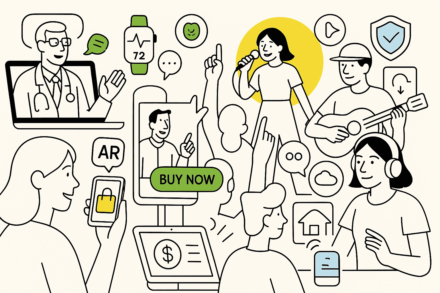 Illustrated scene of people interacting with digital services, showing healthcare, commerce, entertainment, and communication across connected devices.