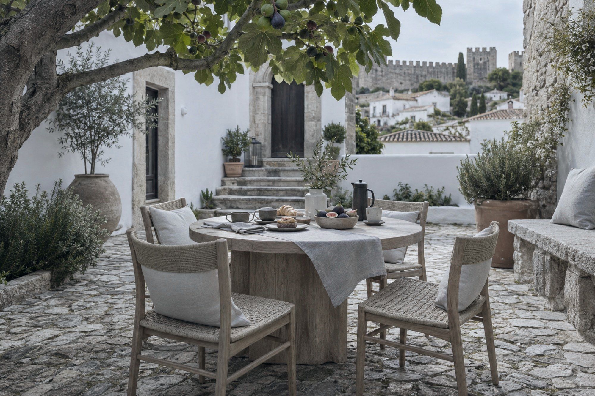 Courtyard breakfast table with four chairs, fig tree above