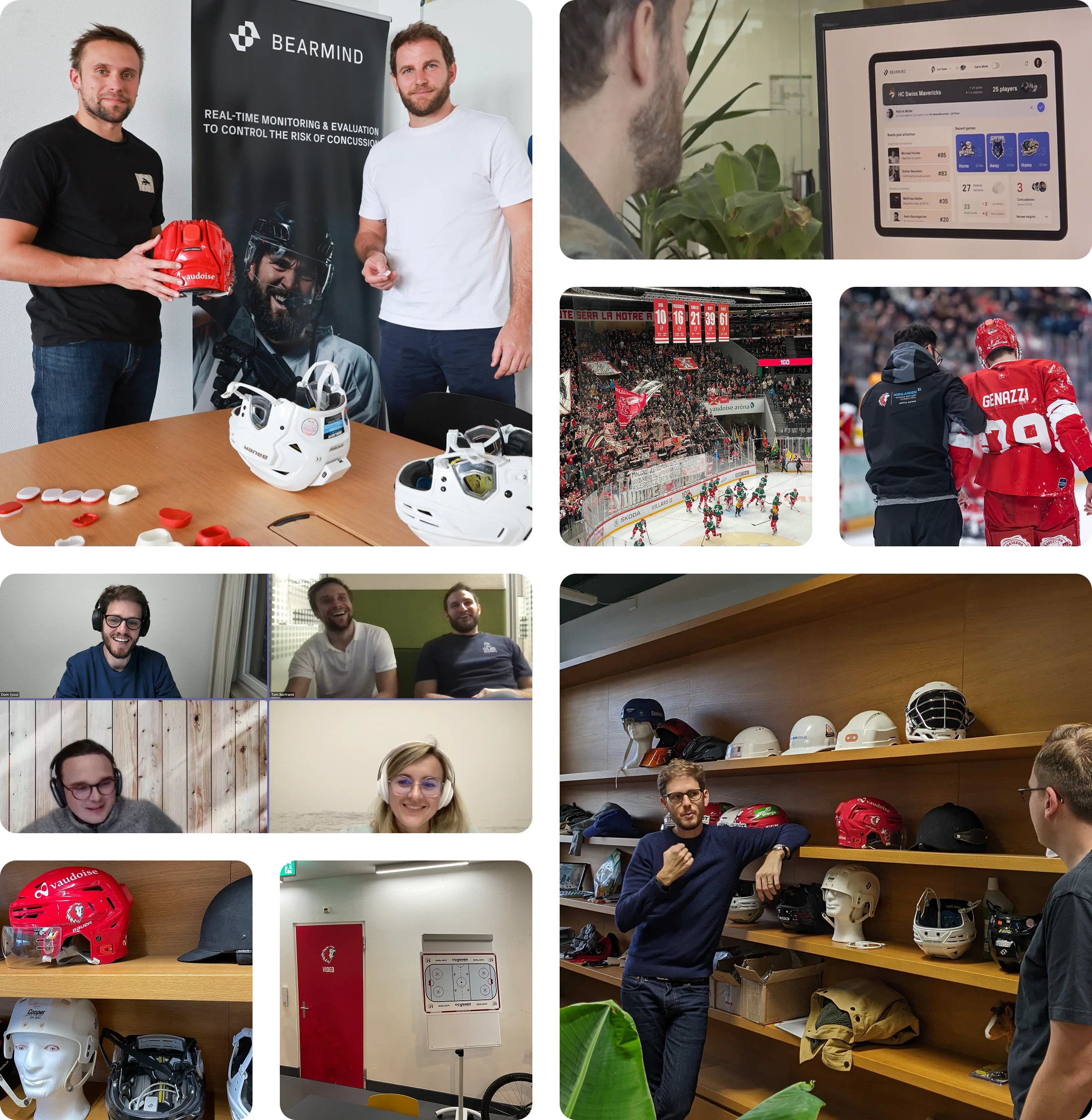 Collage of BEARMIND's hockey safety technology, featuring smart helmets, monitoring systems, and collaborative team supporting athlete protection.
