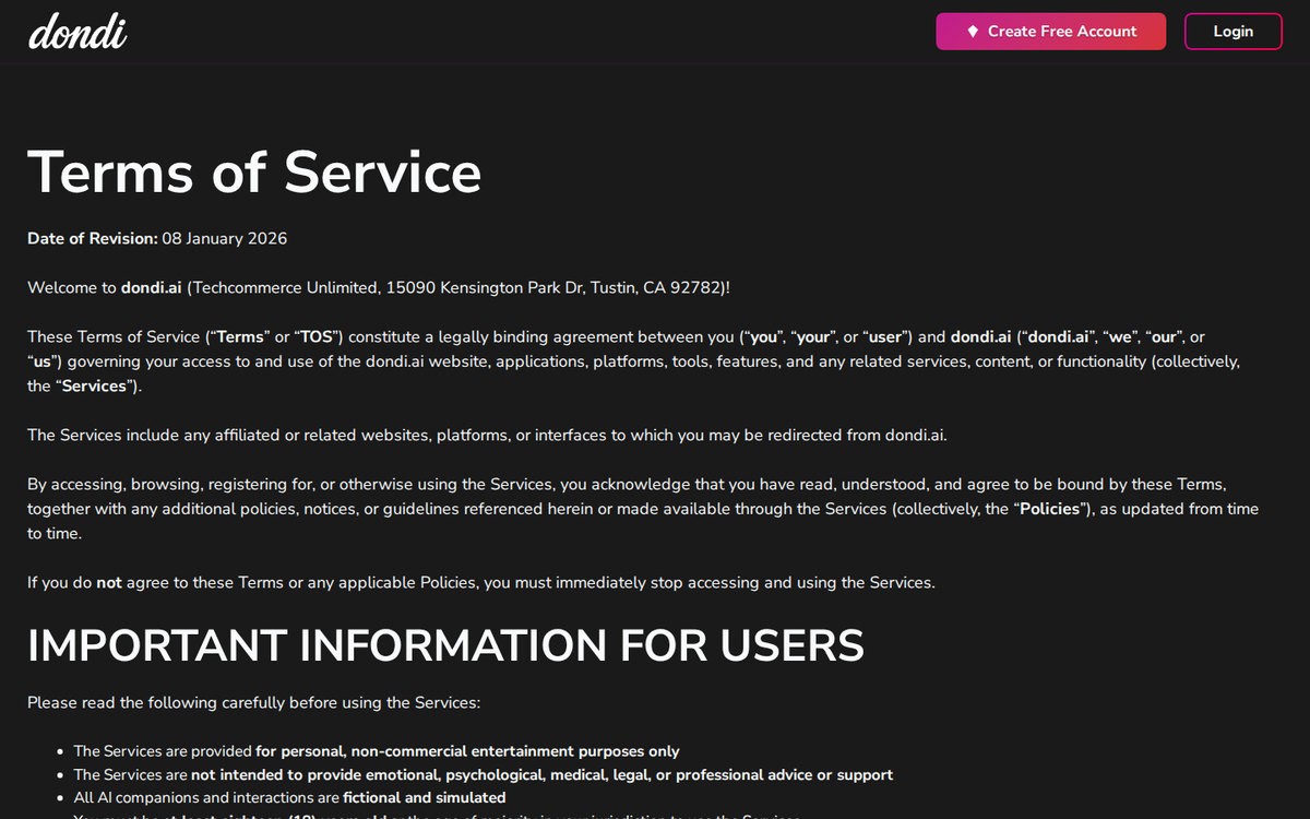 Dondi AI’s terms of service, which name Techcommerce Unlimited of Tustin, California and set the 24-hour refund rule, September 2026.