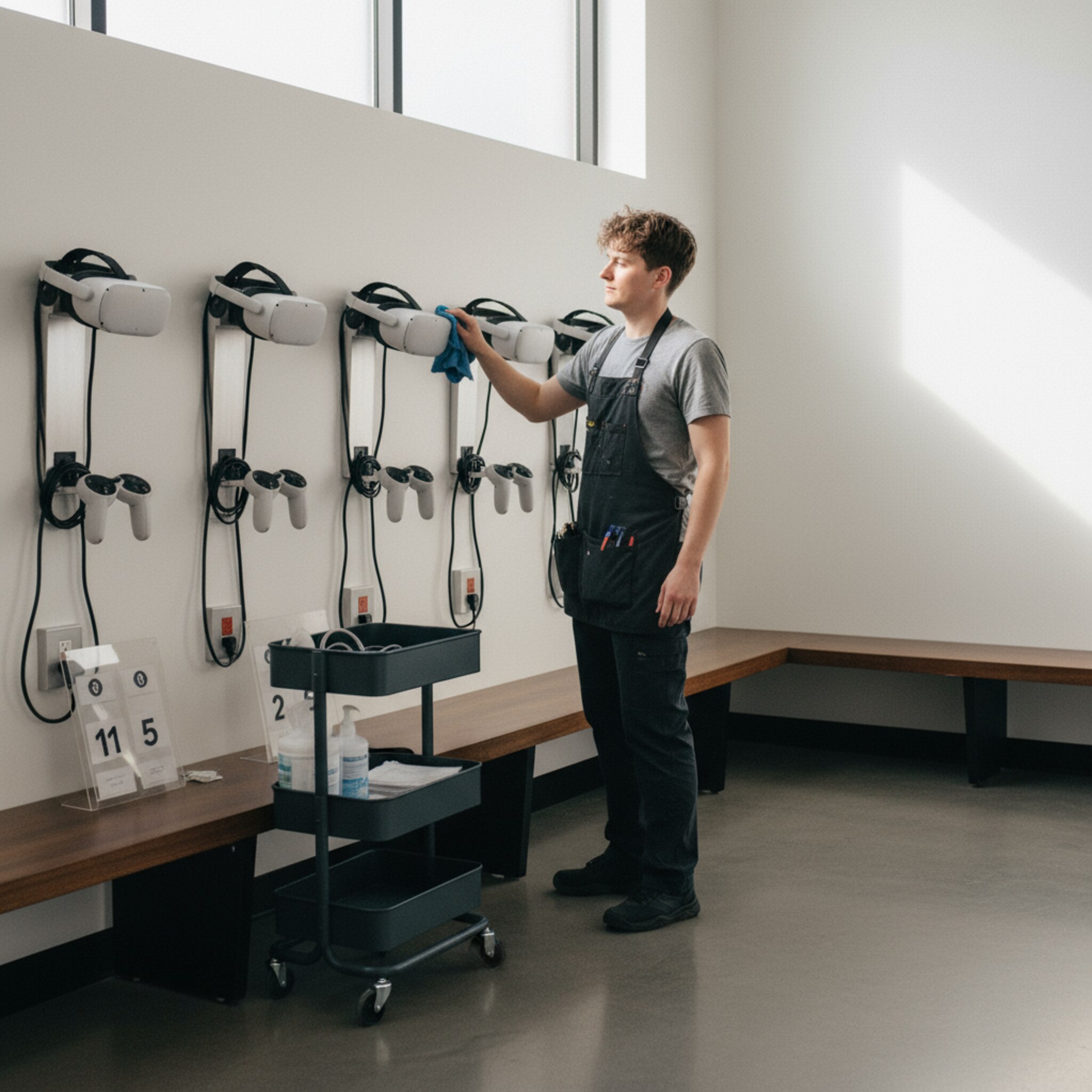 Zwischen zwei Zeitfenstern hängt ein Mitarbeiter Ausrüstung geordnet an Wandhalterungen und wischt Polster sorgfältig ab. Ein Wagen mit nummerierten Station-Schildern steht neben einer aufgeräumten Bank. Warmes Licht lässt die Oberflächen matt glänzen. Der Raum wirkt ruhig, vorbereitet und bereit für die nächste Runde.