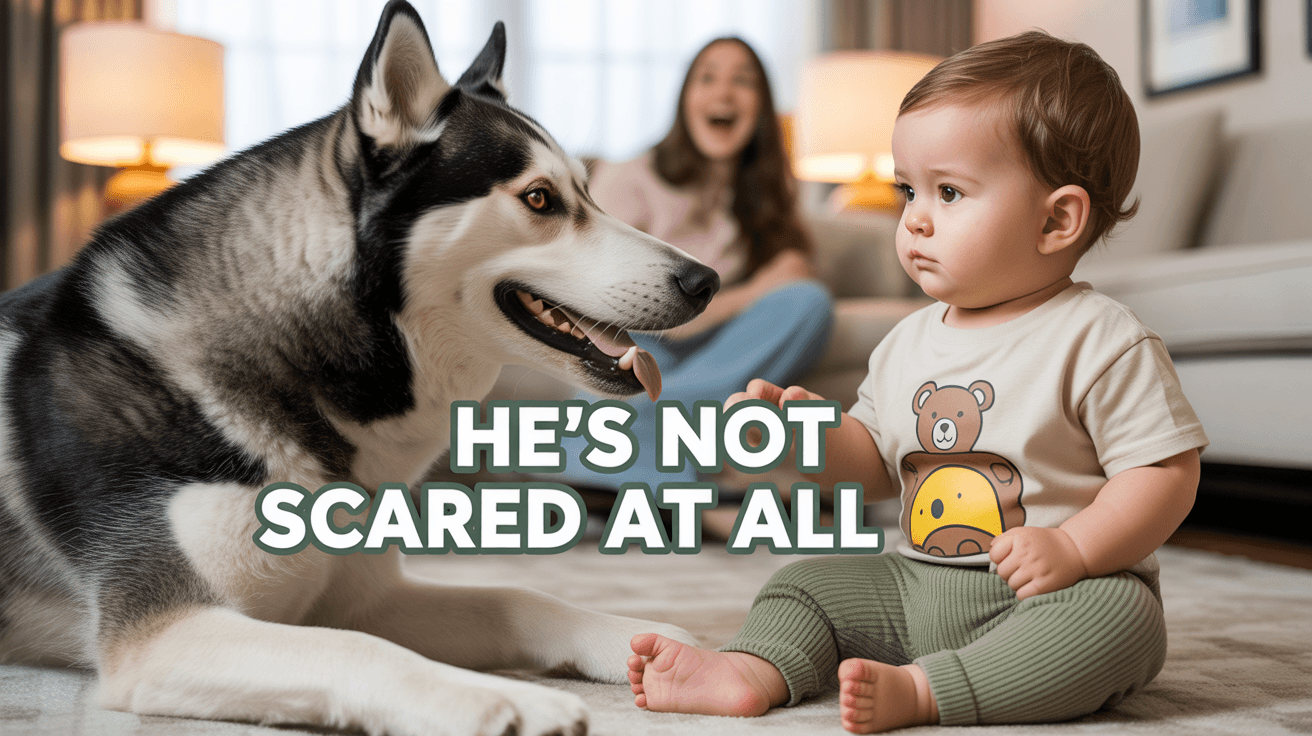 Husky barking at calm baby on carpet with laughing mom in warm living room and Hes Not Scared text