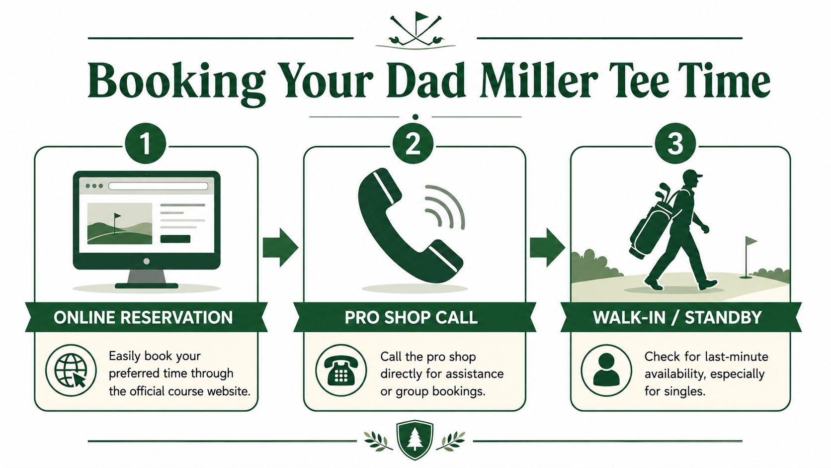 An infographic showing three ways to book a tee time at Dad Miller Golf Course.