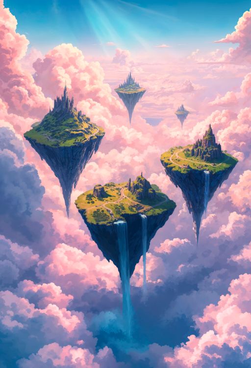 Fantasy islands with waterfalls floating amidst pastel pink clouds.