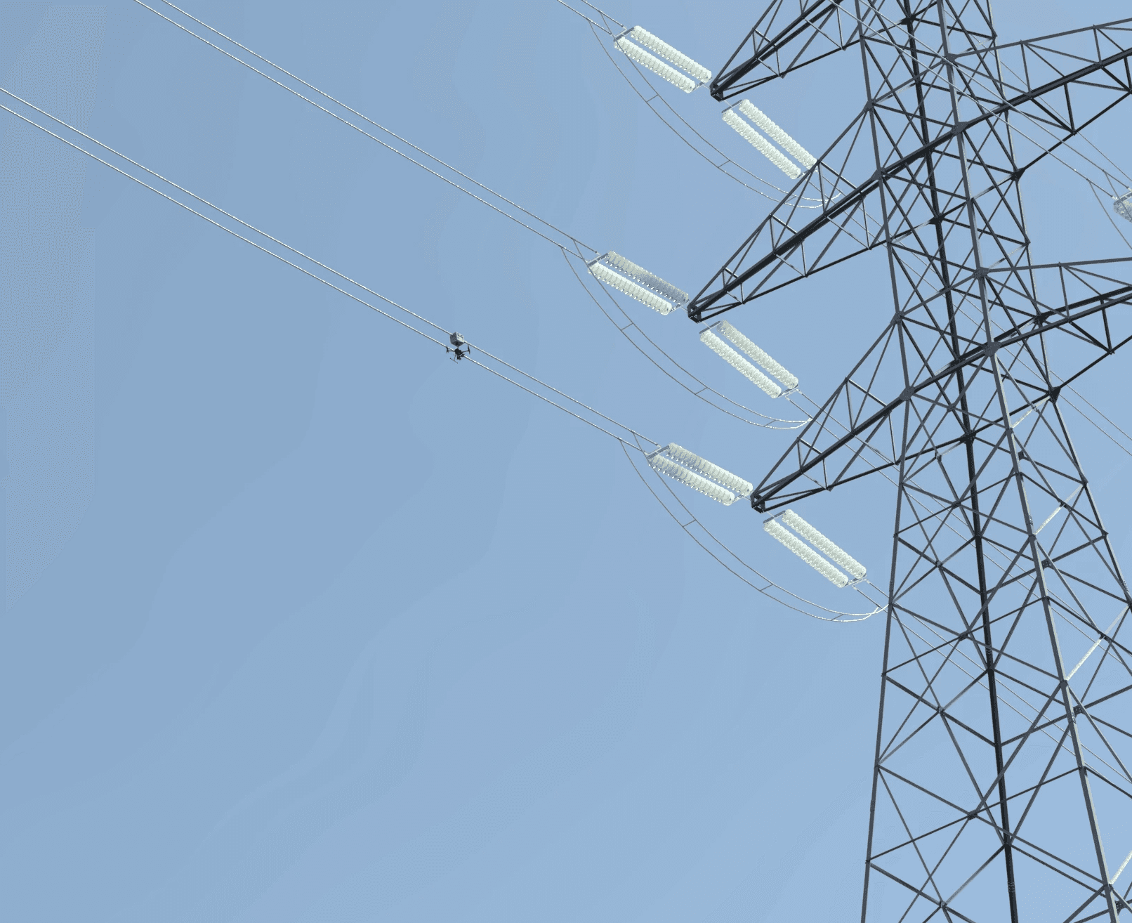 Drone charging from a power line seen from the ground.