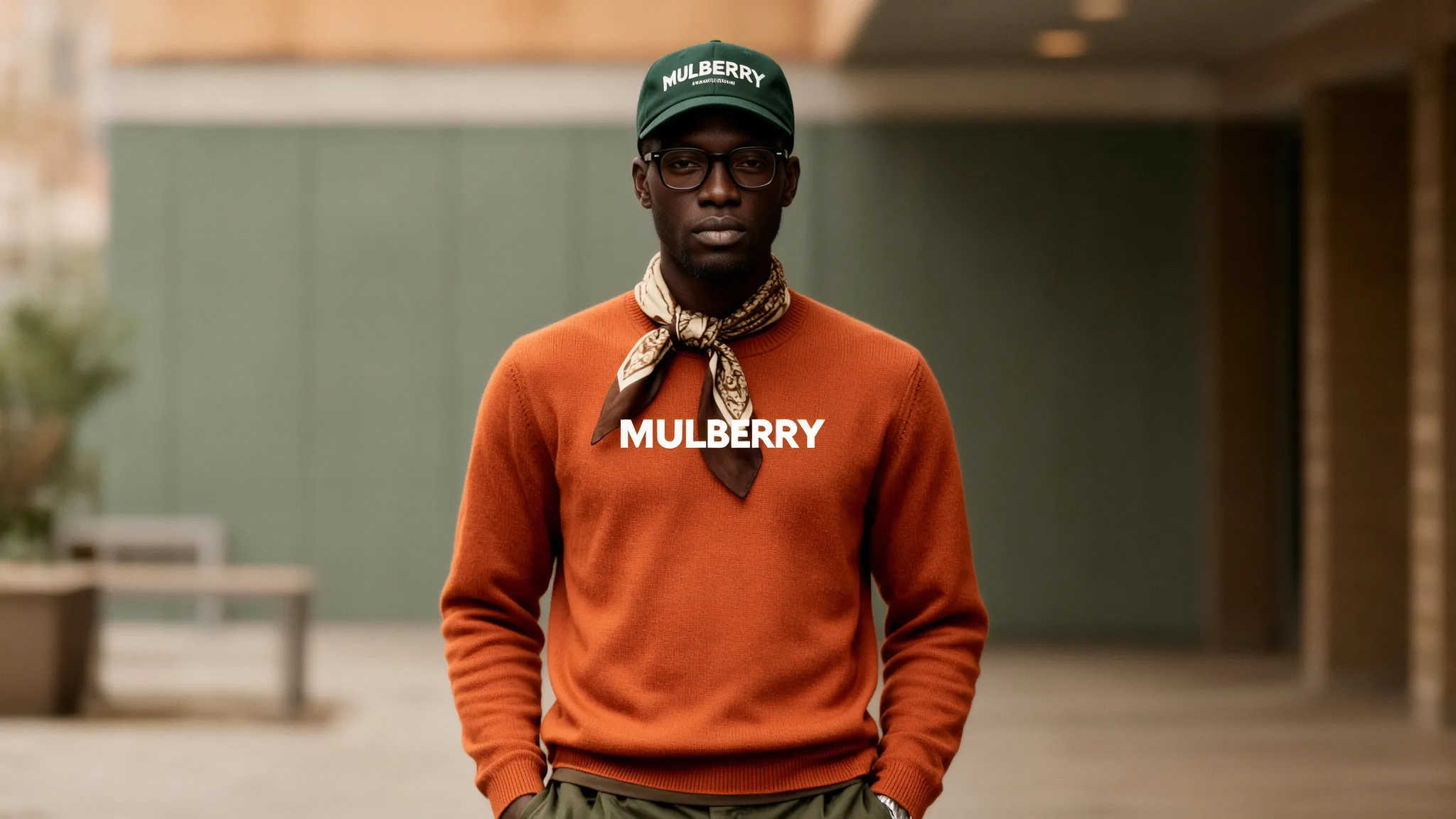 Männliches KI-Model in urbaner Umgebung mit orangefarbenem Pullover, Mulberry-Cap und Brille, kombiniert mit gemustertem Halstuch für modernen Streetwear-Look im Freien.