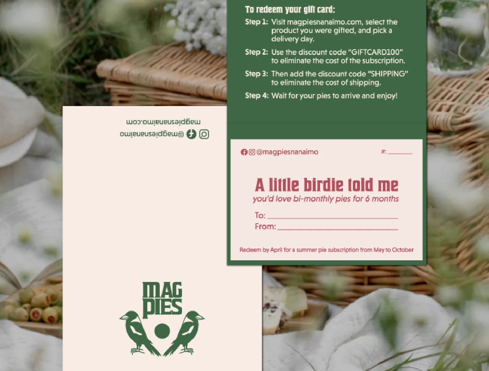 A MagPies gift card holder with instructions on how to redeem it online.