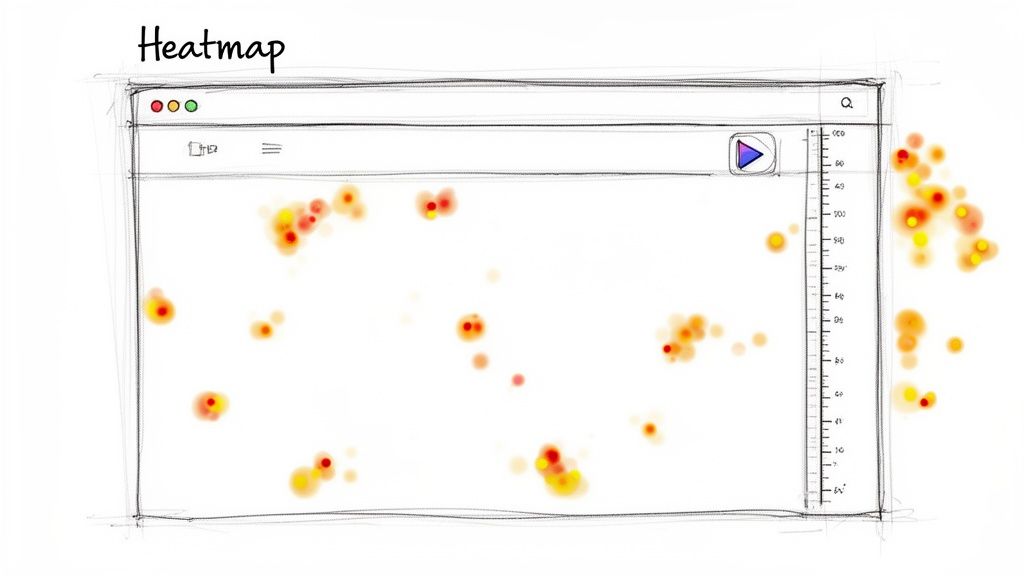 User interaction heatmap visualised on a hand-drawn browser window, showing click and scroll patterns.