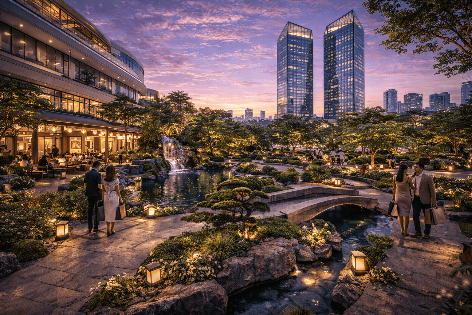 Sustainable landscaped pedestrian plaza and vertical gardens at a modern Gurgaon commercial hub