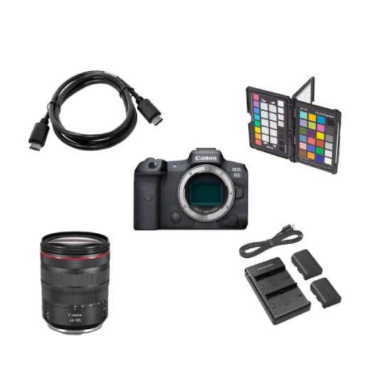 Image containing all the equipment in the Digital II Pack: a Canon R5, a Canon 24-105 f/4, a TheterTools USB 3.0 Syncro Cable, a Double Charger + two LP-E6N batteries, a Grey Chart