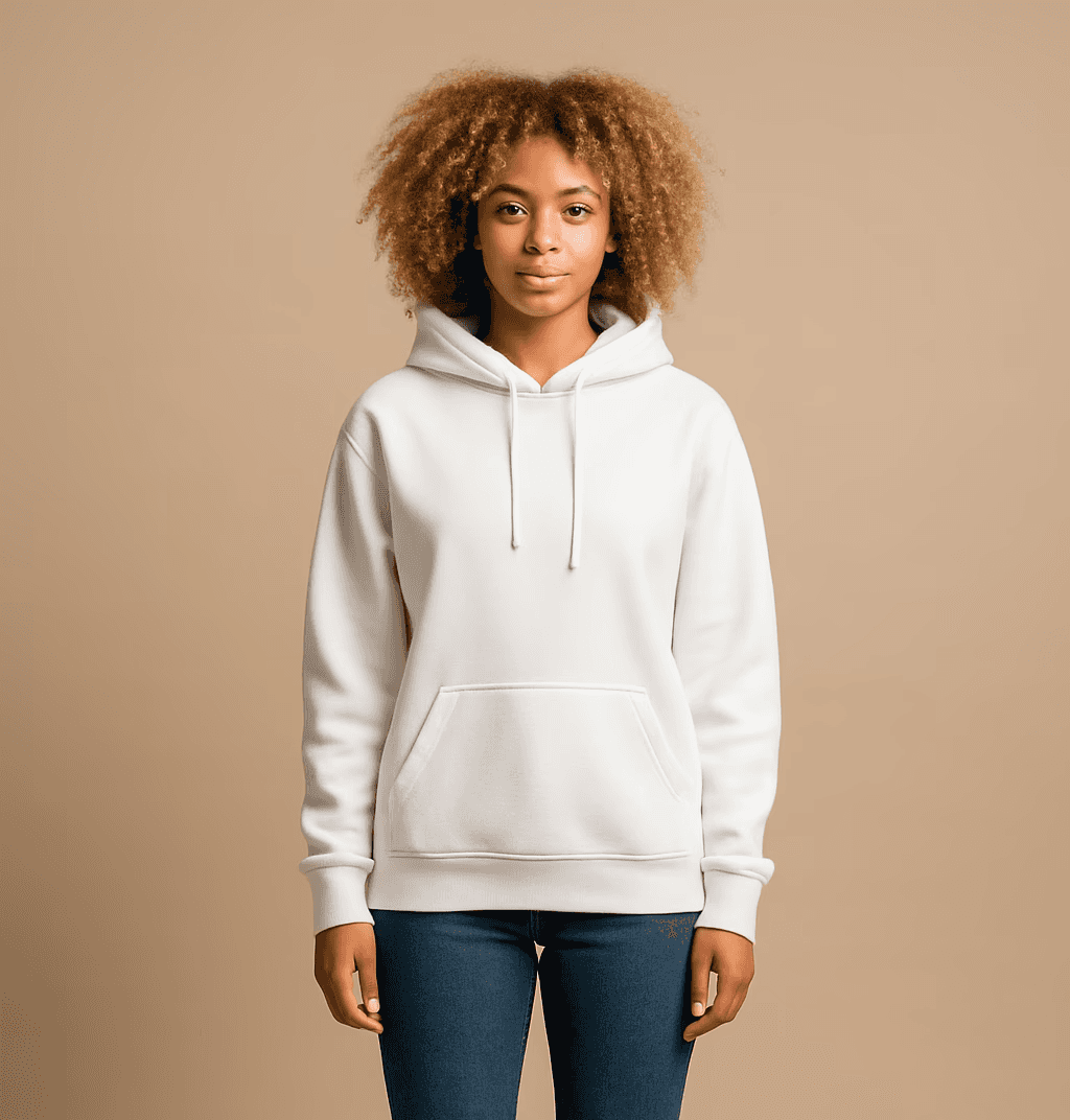 mixed race woman in a champagne studio wearing a white hoodie and jeans