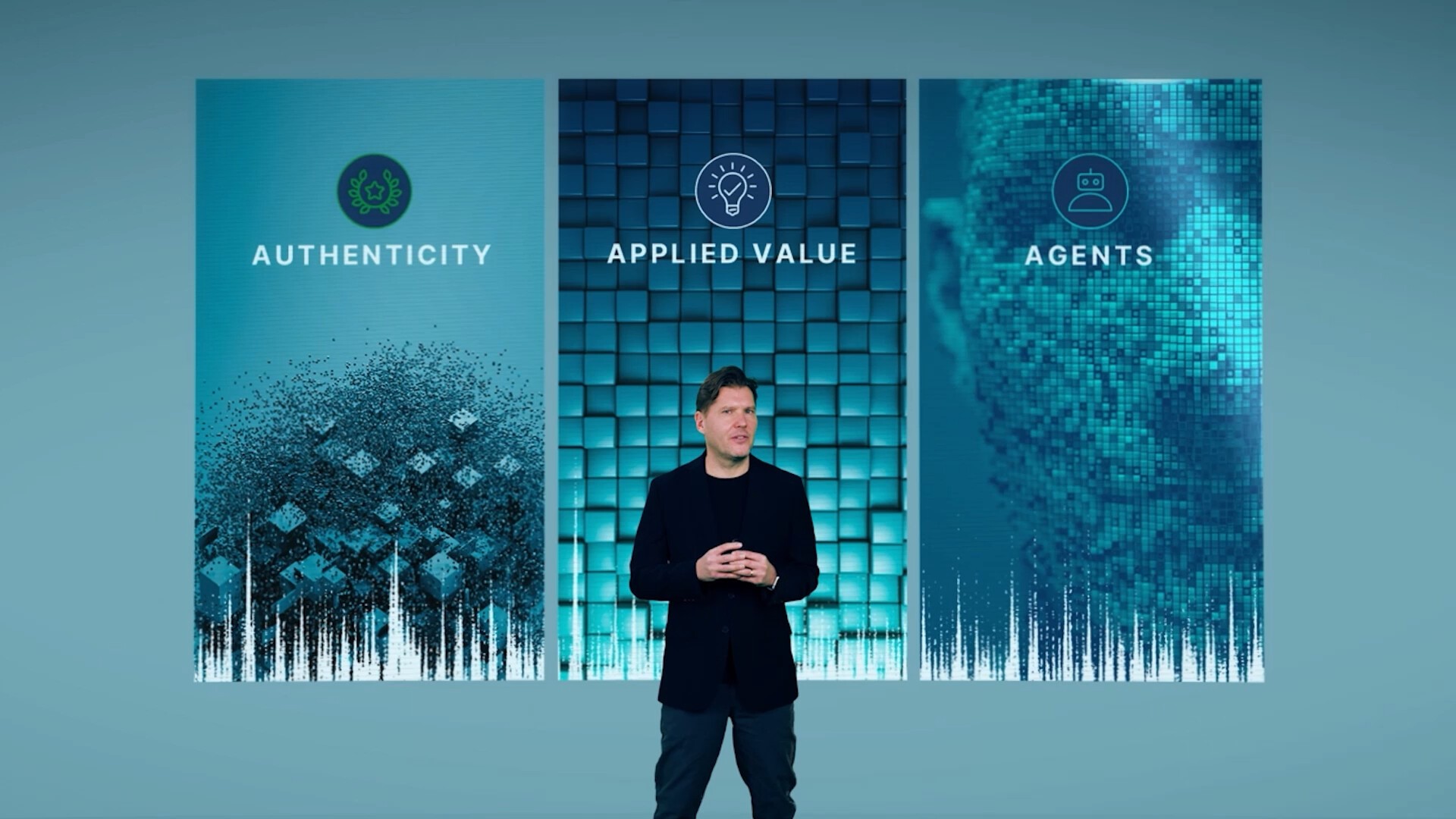 Green screen production of presenter in front of displays and screens