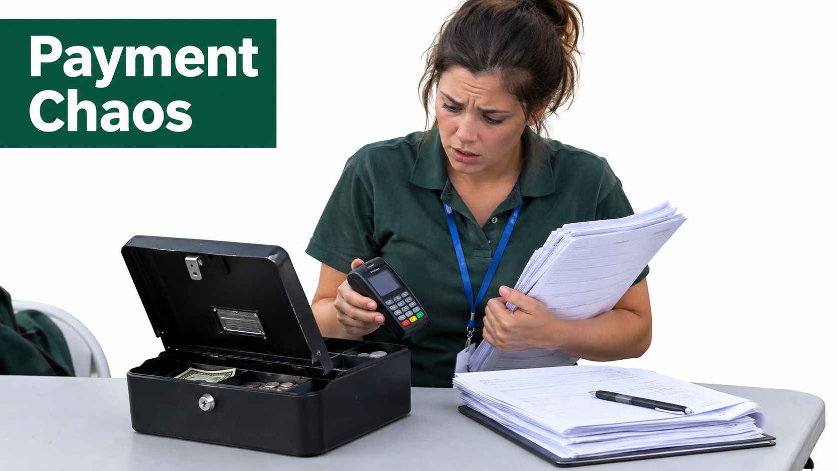 A stressed female worker holding a payment terminal while surrounded by piles of paper and cash.