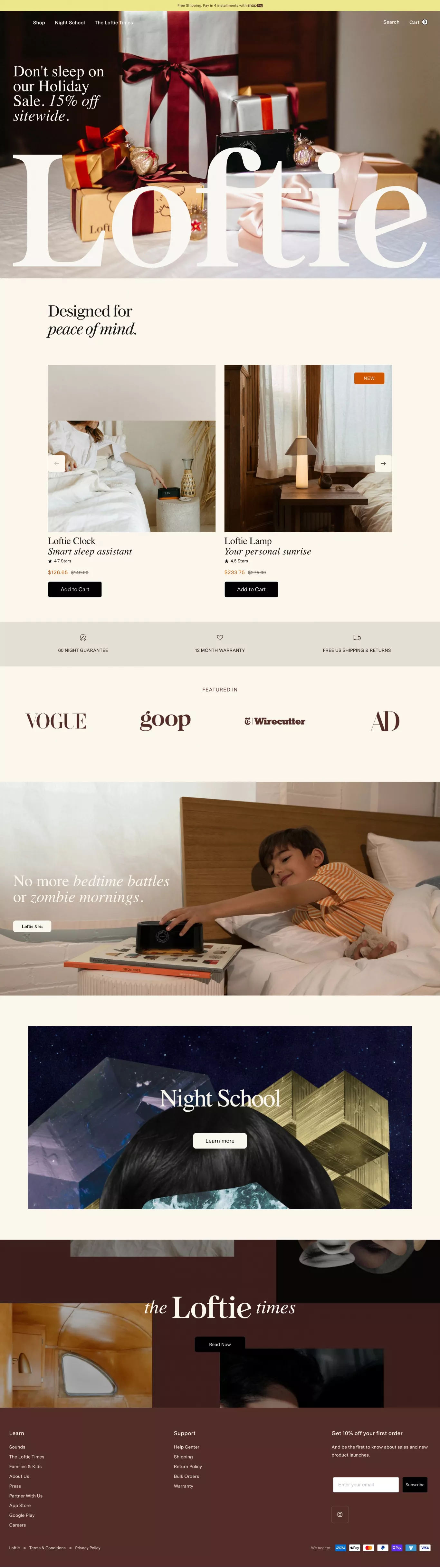Sleep Better With Loftie ecommerce page screenshot showcasing Design and Tech design