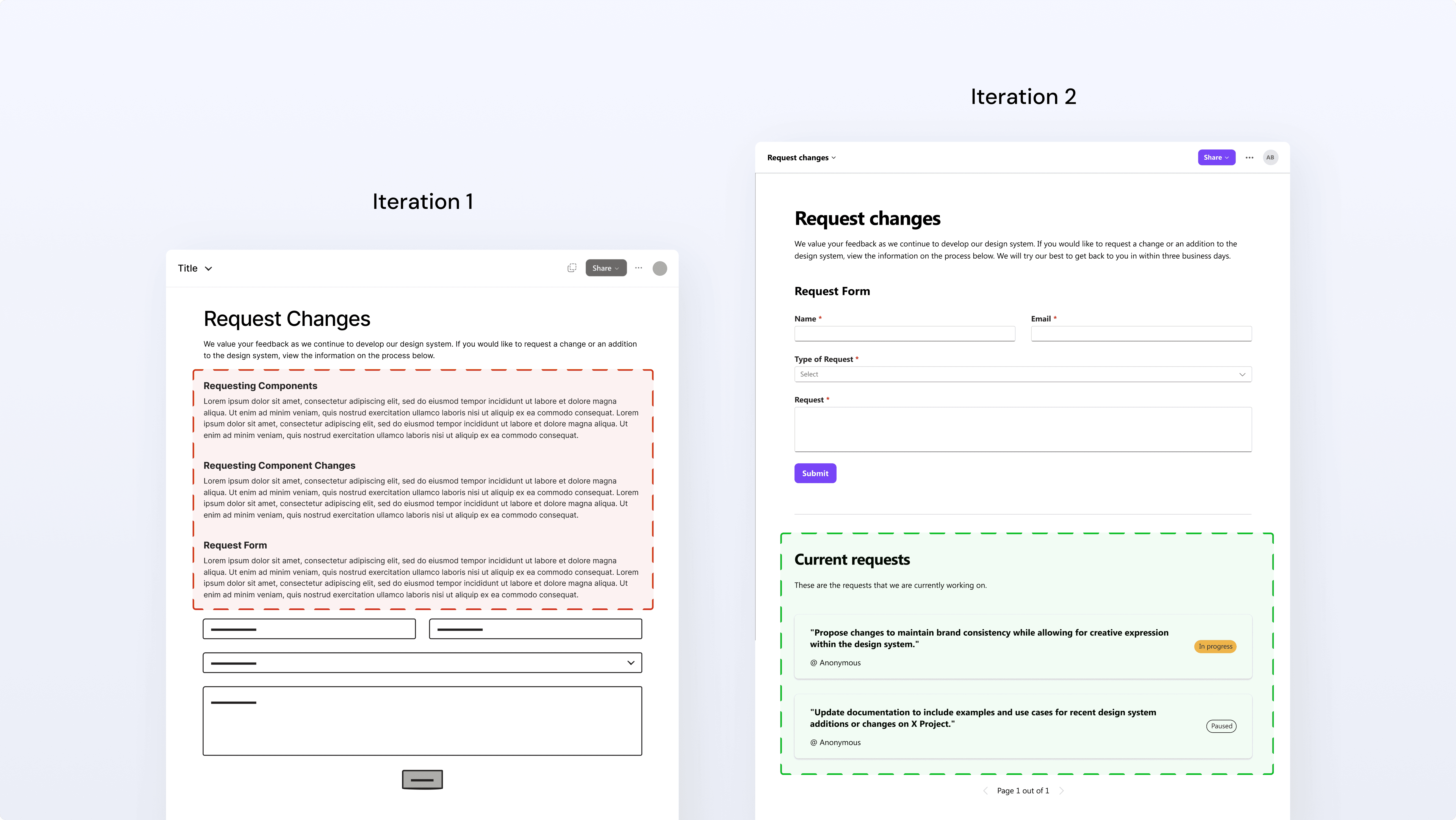 An image comparing two iterations of the UI