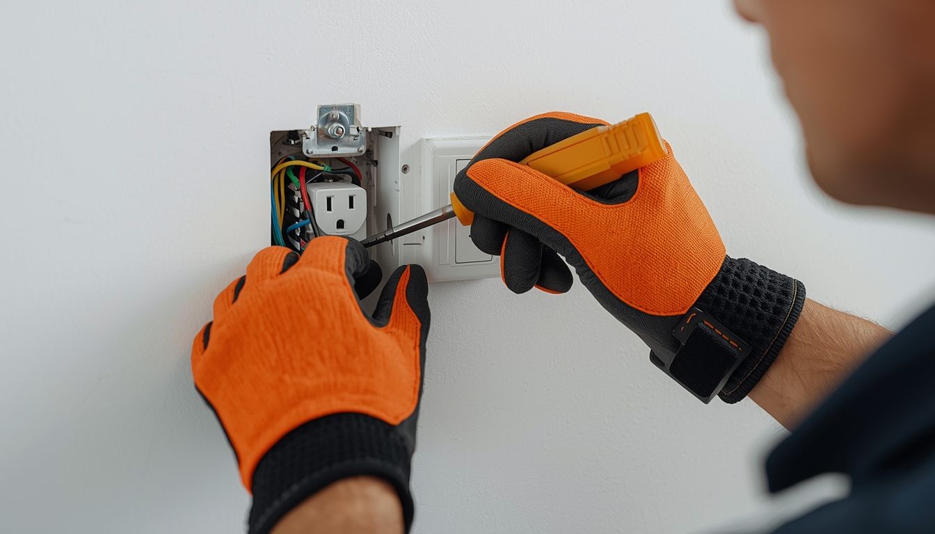 Electrician wearing safety gloves repairing a wall electrical outlet and switch box during home electrical maintenance.