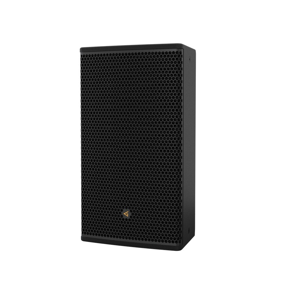 Black speaker with a honeycomb grill and gold logo