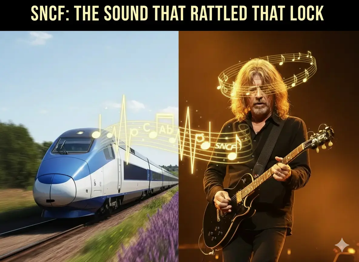 A split image. On the left, a blue SNCF TGV train speeds through the vibrant French countryside, with musical notes and sound waves emanating from it. On the right, rock legend David Gilmour plays an electric guitar on stage, surrounded by swirling musical notes, illustrating how the train's sonic logo inspired his music.
