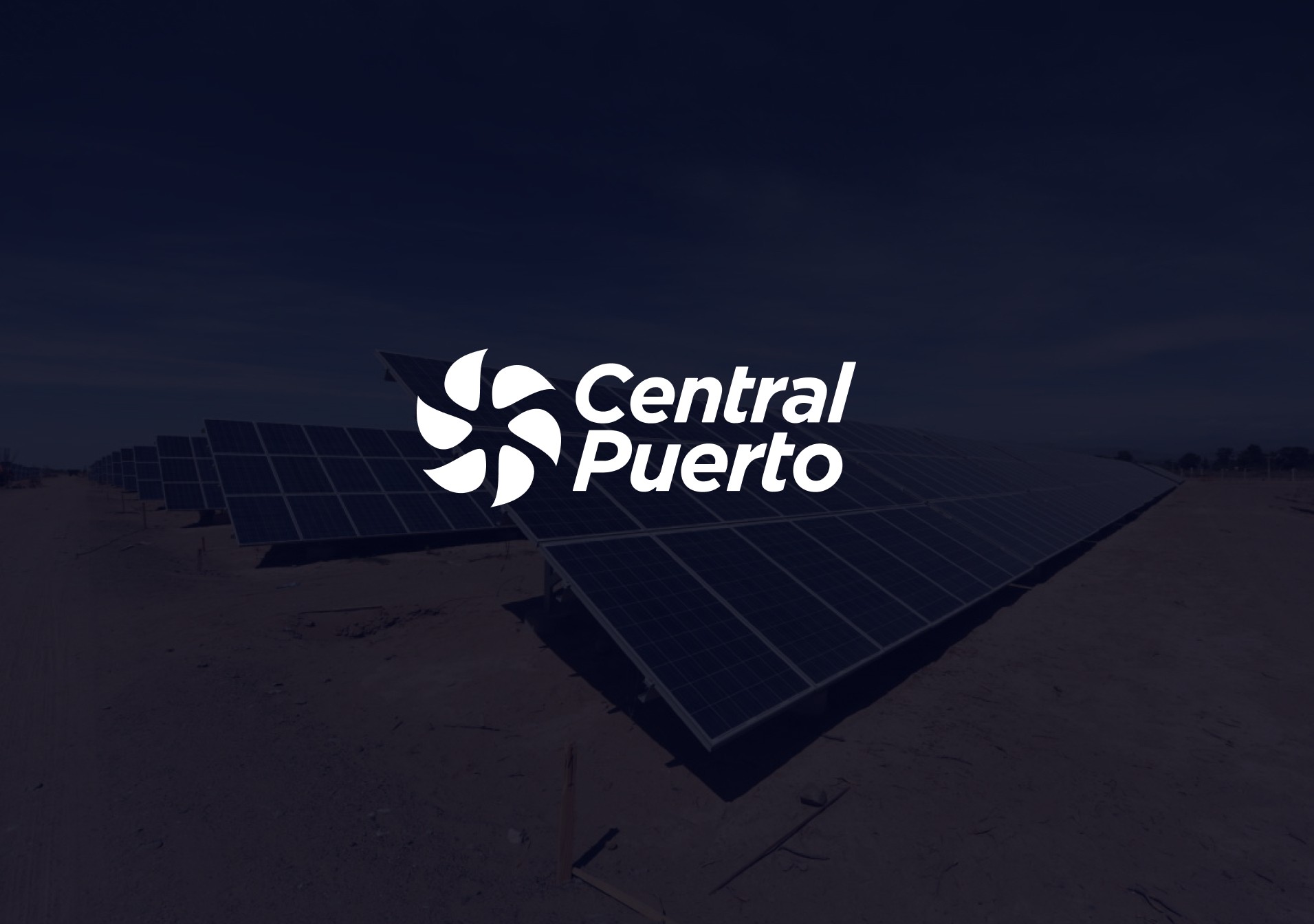 Parque de paneles solares bajo cielo despejado con el logo de "Central Puerto", resaltando energías renovables.