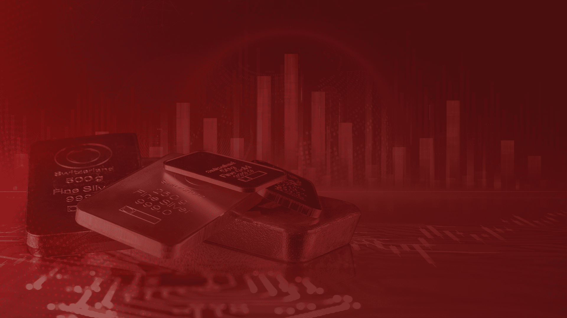 Gold bars on a red background with a bar graph, representing the AI trading market and the commodities news.