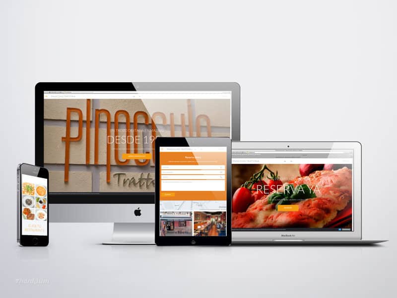 Diseño web responsivo para restaurante Pinocchio Trattoria  en diferentes dispositivos digitales.