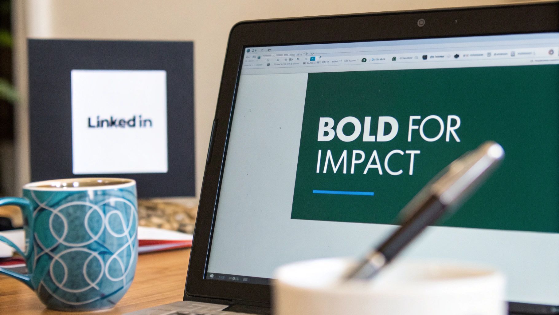 A laptop screen displays 'Bold for Impact' next to a LinkedIn sign and a patterned mug.