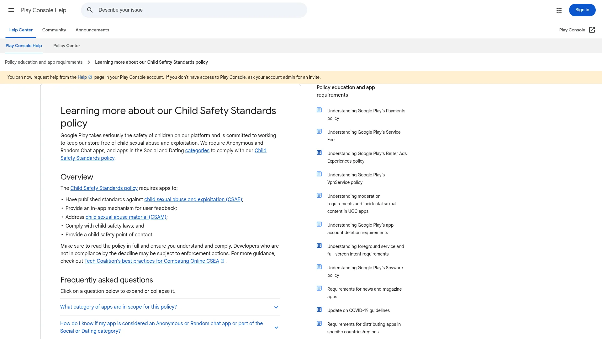 Google Play Child Safety Standards policy page listing the requirements for dating apps
