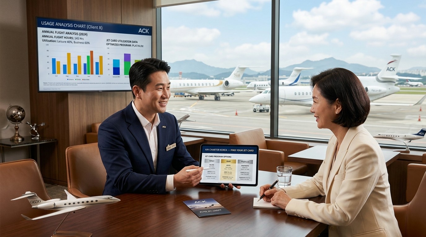 ACK 전용기 Jet Card 상담 통합 - 25 50 100시간 선구매 고정 단가 가용성 보장 단발 차터 비교 정기 이용 단일 채널 2026