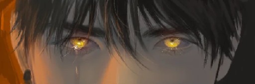 Golden eyes under dark hair, a tear on one cheek, eyes drawing by dem4gog