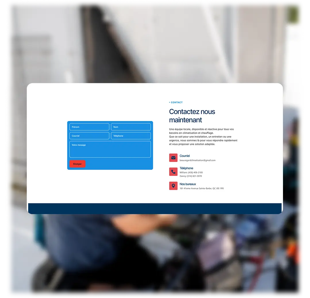 Section contact du site web de Beauregard Climatisation avec formulaire de soumission, superposée sur une photo de technicien en intervention