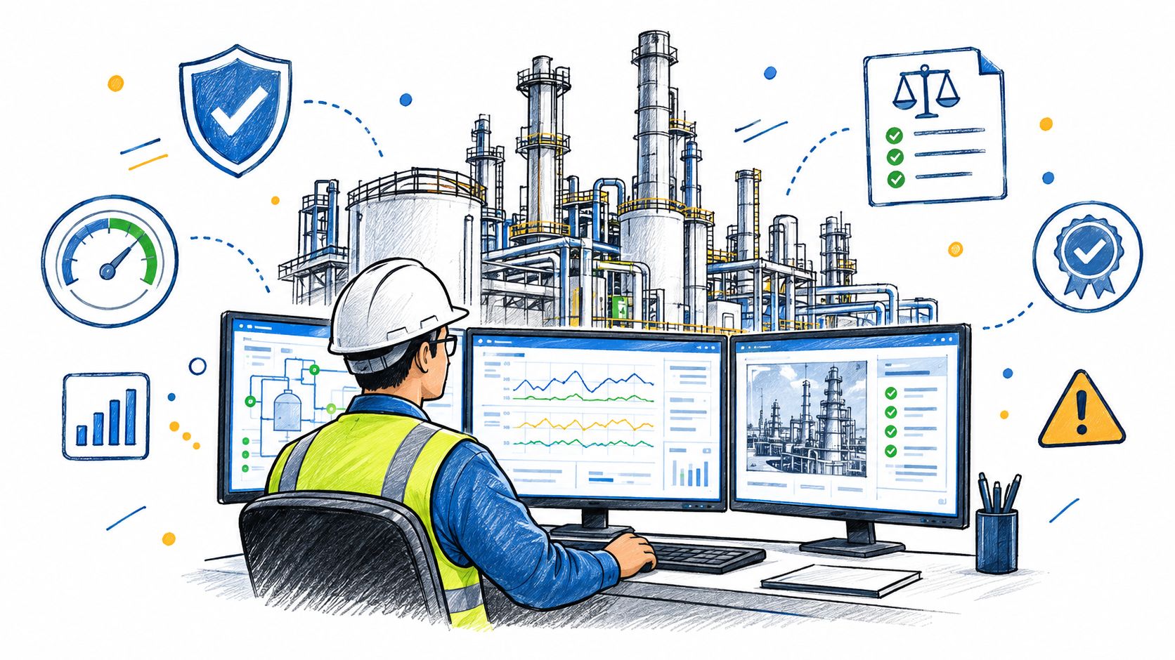 A technician wearing a hard hat monitors industrial facility data on computer screens with safety icons.