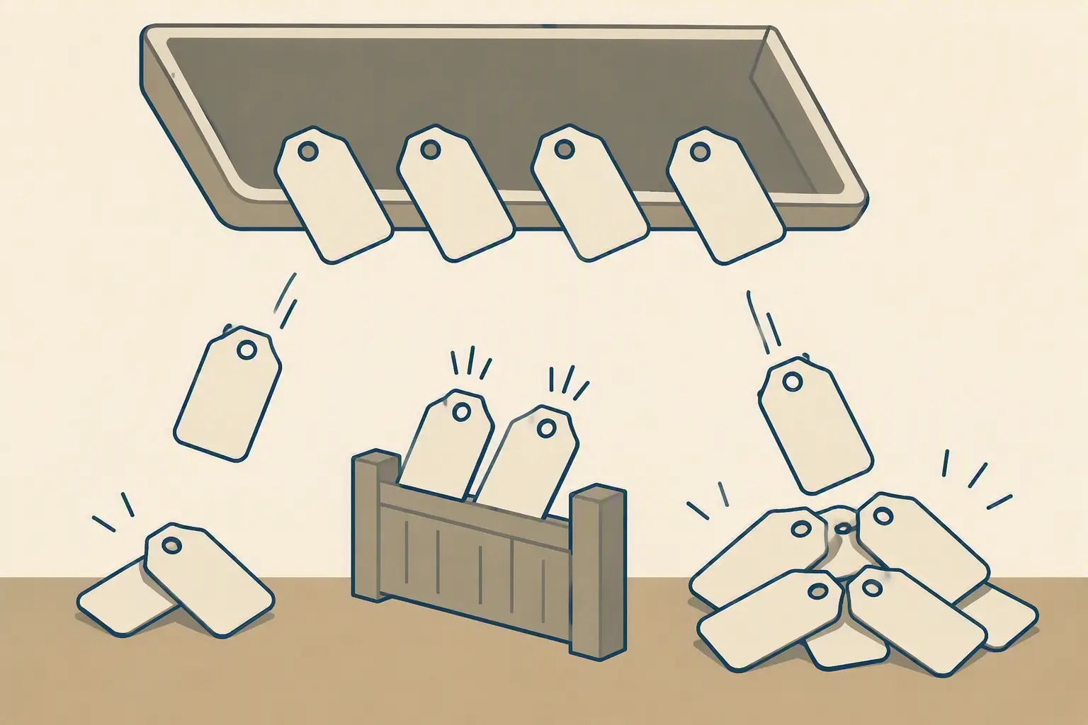 A flat illustration of nine identical tags tipping from a wide tray, five landing in a large pile on the right, two in a small pile on the left, and two caught resting against a low barrier in the middle.