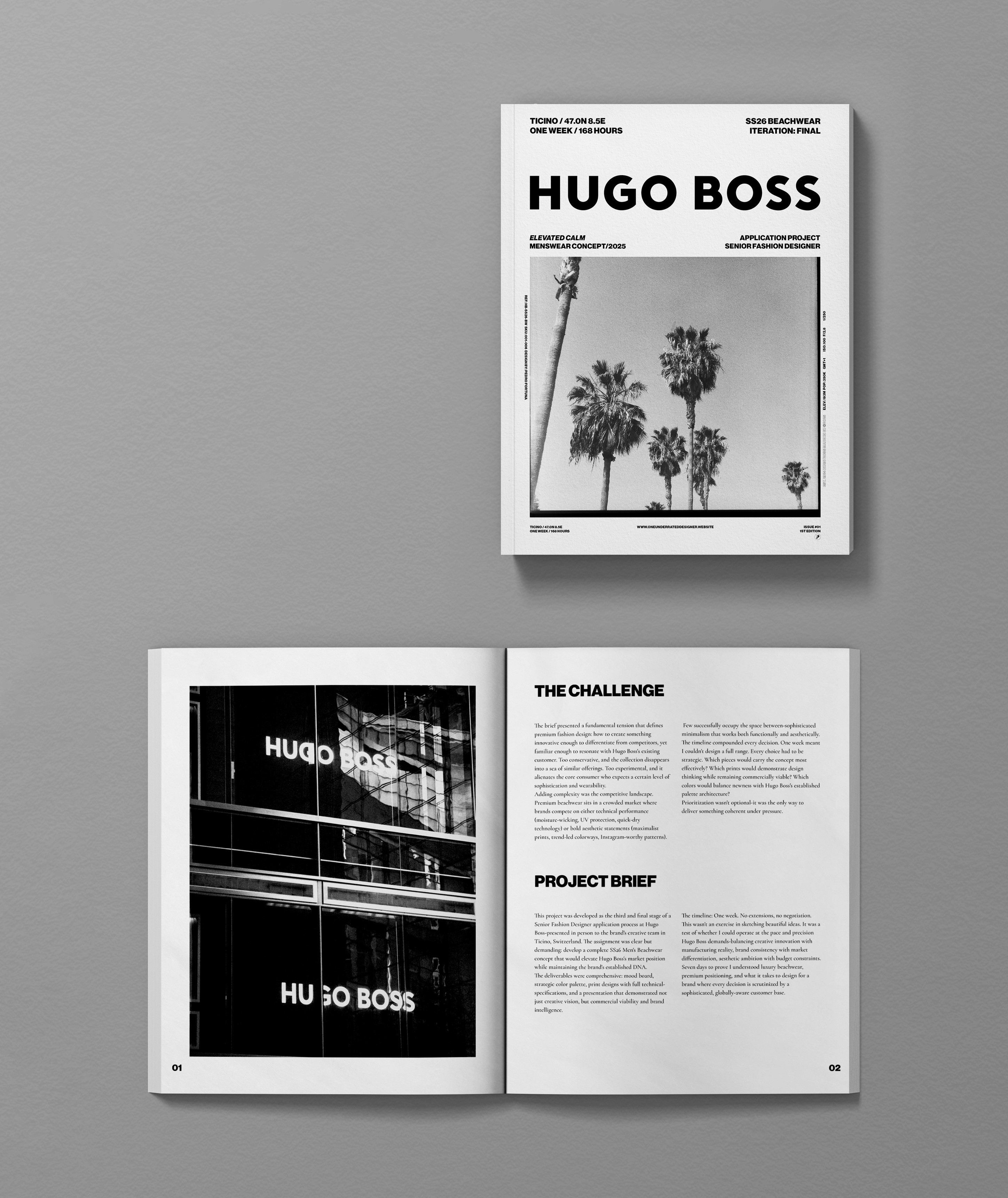 Hugo Boss SS26 Elevated Calm beachwear editorial cover and opening spread, application project Senior Fashion Designer, Hugo Boss store facade, The Challenge and Project Brief text sections