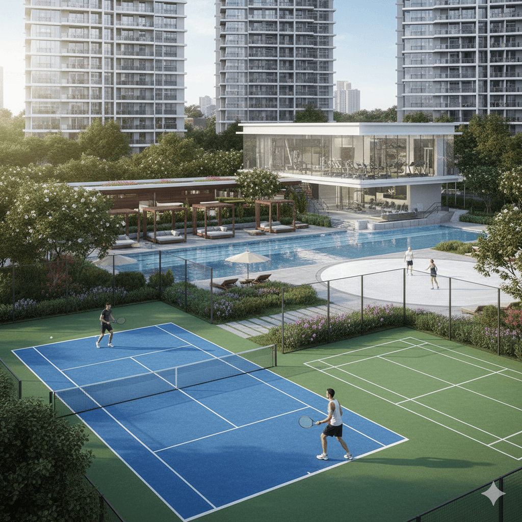 Modern tennis and basketball sports amenities at M3M premium housing, Greater Southern Peripheral Road, Gurugram