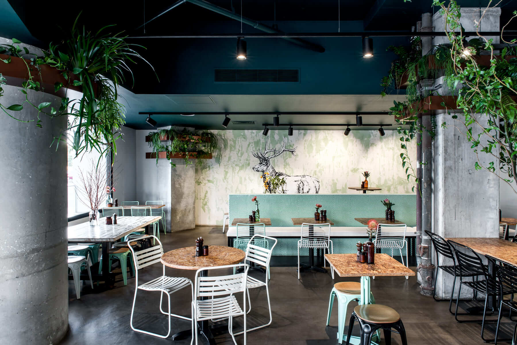 Elk Espresso cafe interior design with industrial concrete pillars, hanging potted plants, teal mosaic banquette seating, and metal wire chairs.