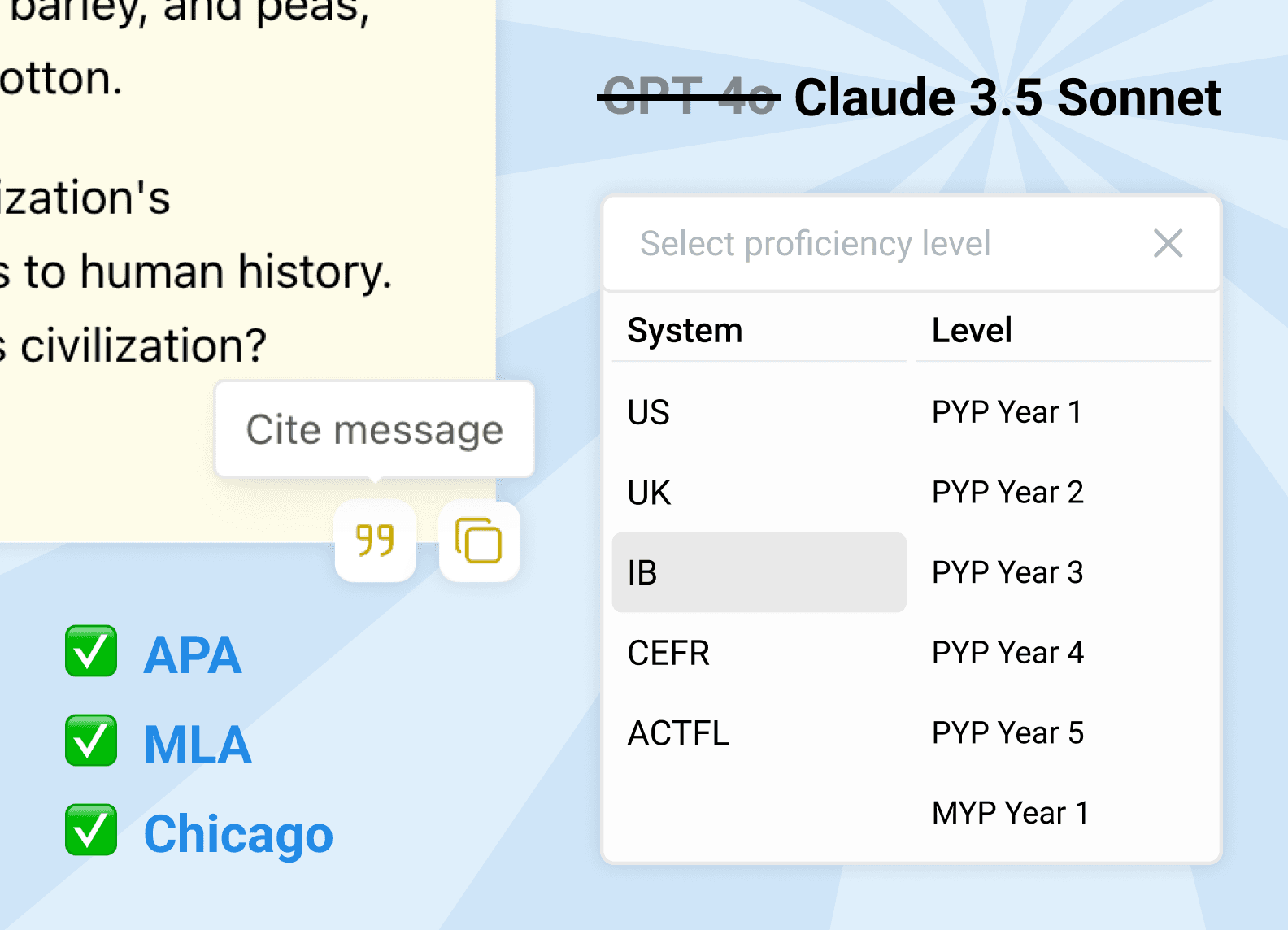 Summary image showing new updates to Flint including APA, MLA, and Chicago citations, IB proficiency levels and Claude 3.5 Sonnet usage,