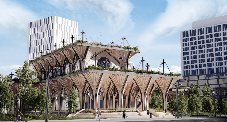Exterior render of the cathedral.