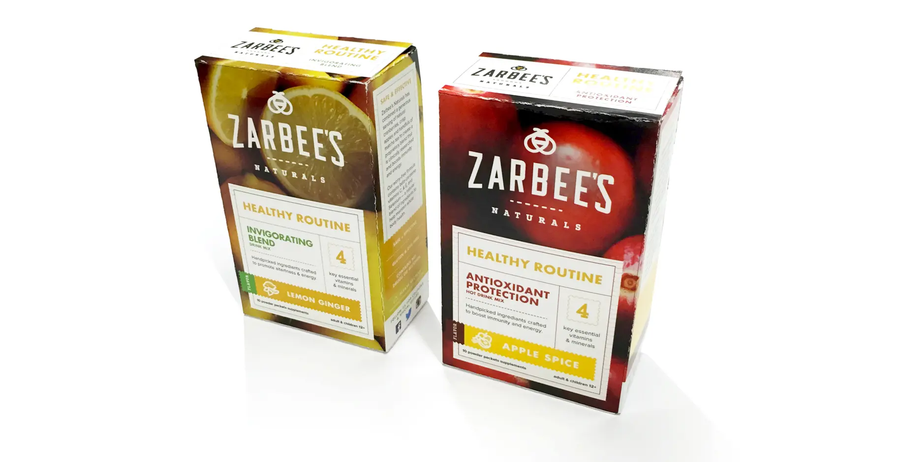 Three-dimensional packaging mockups of Zarbee's Naturals Healthy Routine boxes — Lemon Ginger Invigorating Blend and Apple Spice Antioxidant Protection shown as realistic 3D renders with visible front, side, and top panels.