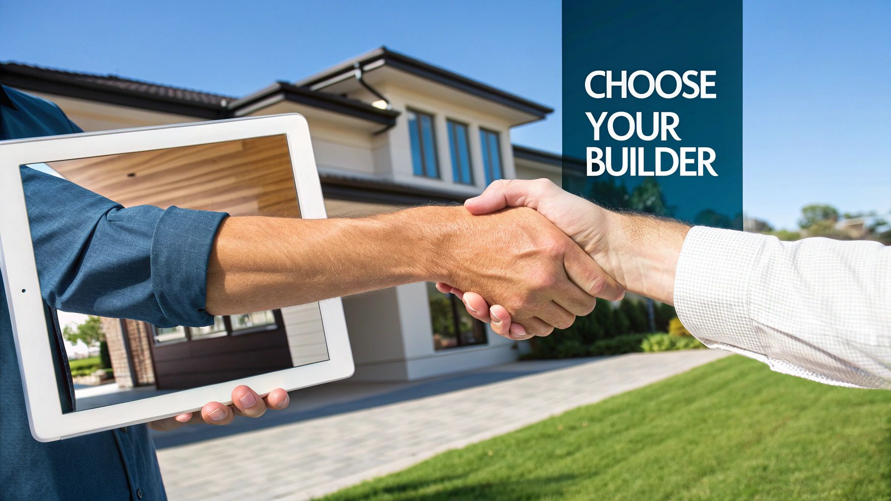 Two men shake hands, one appearing from a tablet, in front of a modern house, symbolizing choosing a builder.