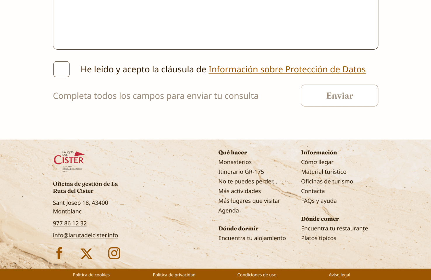 Rediseño del formulario de contacto de La Ruta del Císter con feedback visual al usuario