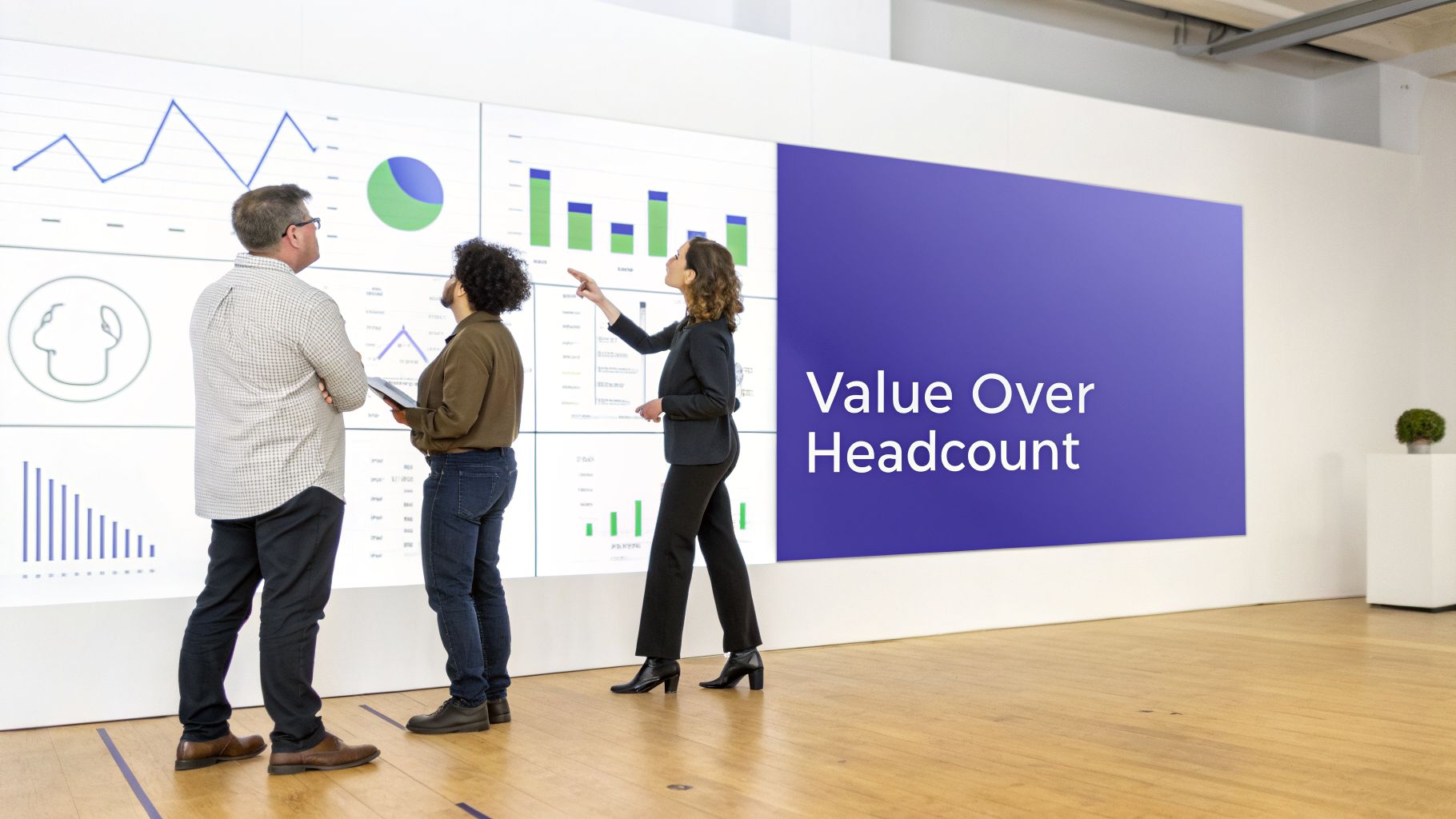 Three professionals analyze data and charts on a large digital display, next to a 'Value Over Headcount' sign.