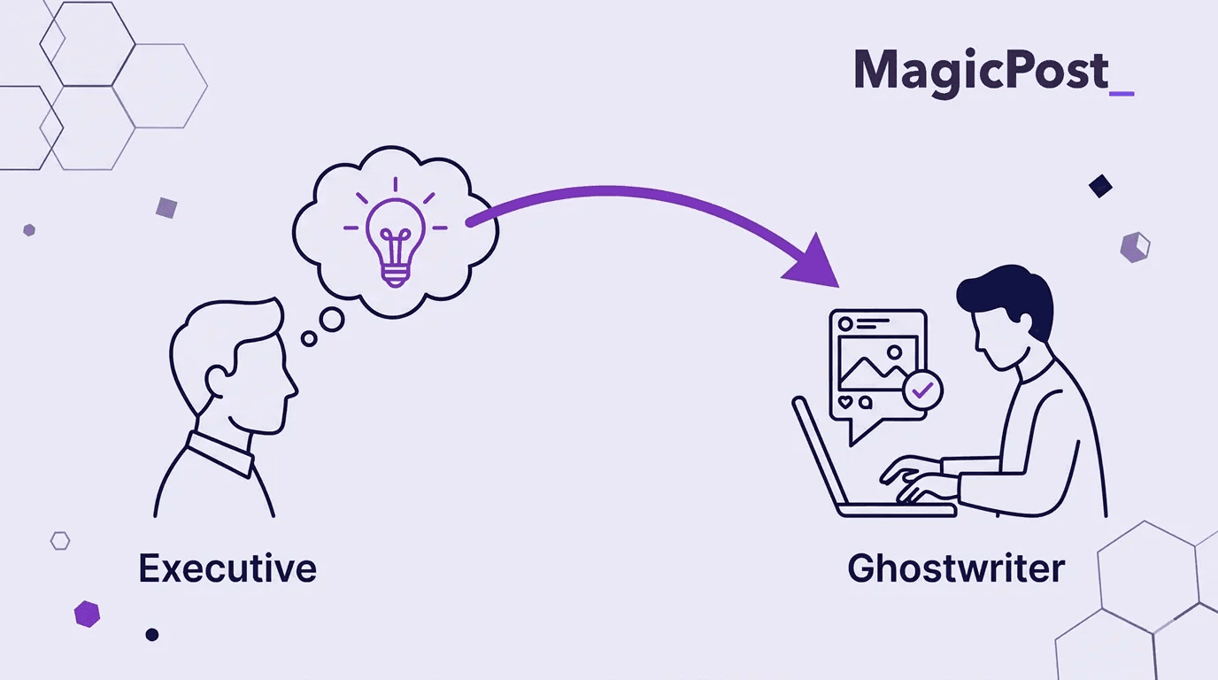 An illustration of an executive sharing his ideas for a LinkedIn ghostwriting professional to turn into a post